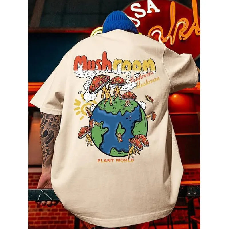 Man wearing a digitally printed short-sleeved polyester sports T-shirt in a casual streetwear style.