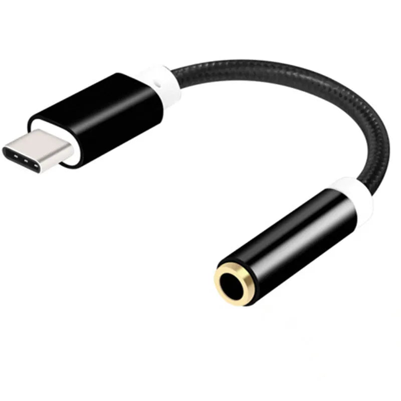 TYPE-C to 3.5mm audio adapter cable with woven nylon 12cm cable in black silver gold rose gold colours