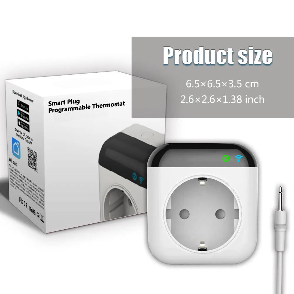White Tuya smart temperature control socket with US 3-pin plug and external temperature sensor probe.