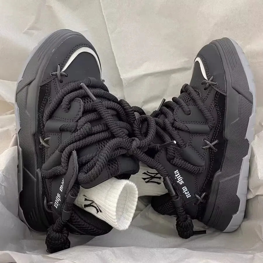 Women's grey retro chunky sneakers with thick rubber sole and lace-up front
