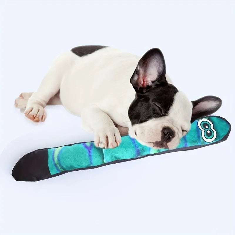 Snake-shaped multicolour stripe print plush squeaky dog toy for chewing and interactive play