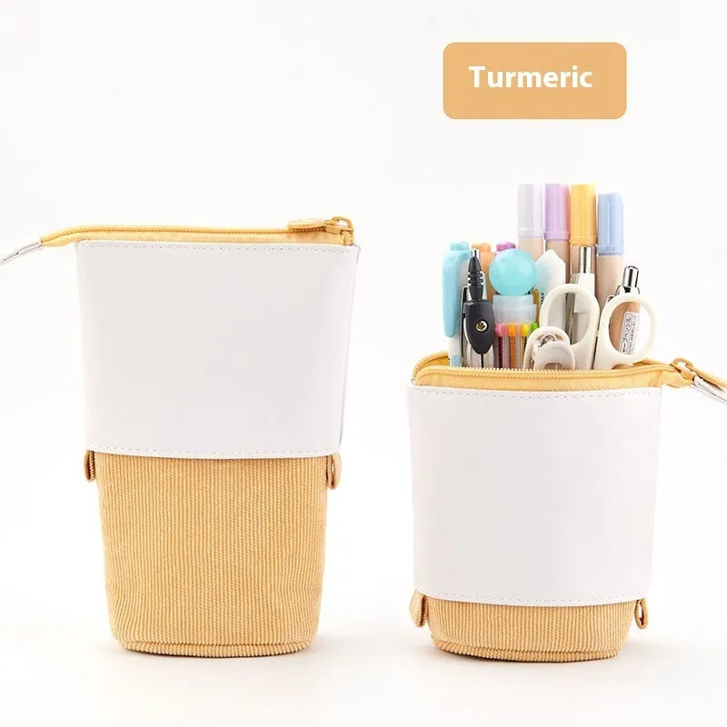 PU corduroy stationery case with drop-down telescopic opening in Korean style design