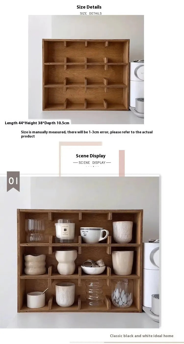 Square solid wood storage rack with multiple grid compartments for cups and mugs in a birch wood finish.