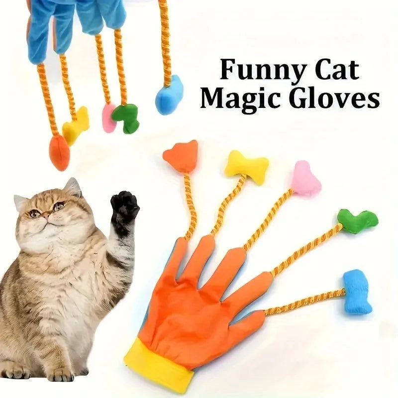 Yellow and blue plush cat toy with magic glove design measuring 40 x 11 cm