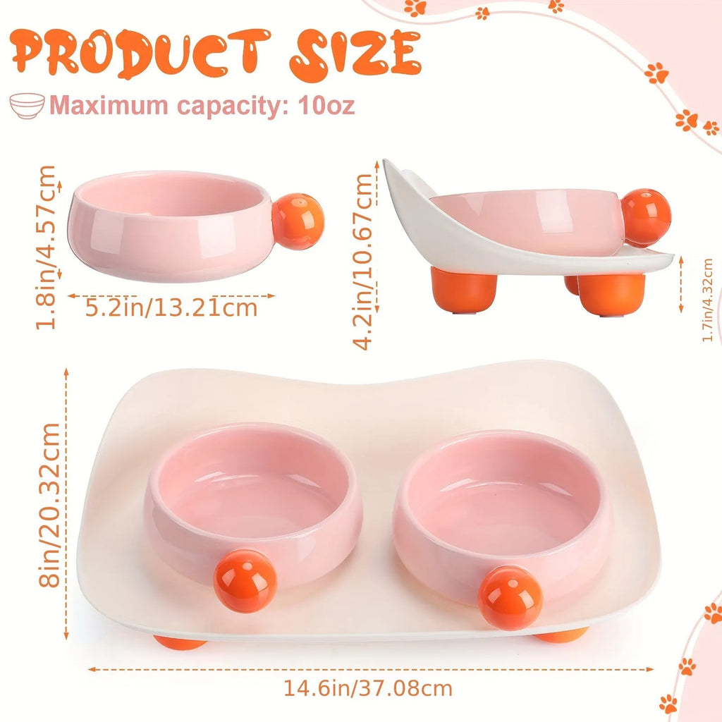Ceramic raised pet bowl set with two bowls on non-slip silicone base for cats and small dogs