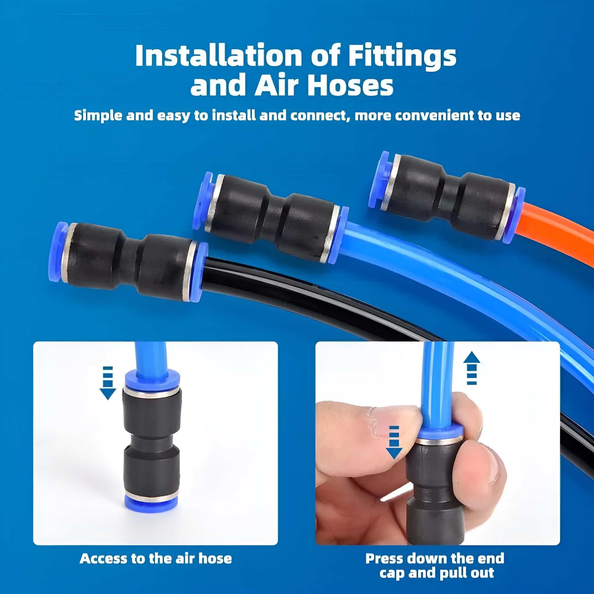 60-piece alloy plastic pneumatic push-in connector set with R1/4 and R1/2 inch threads