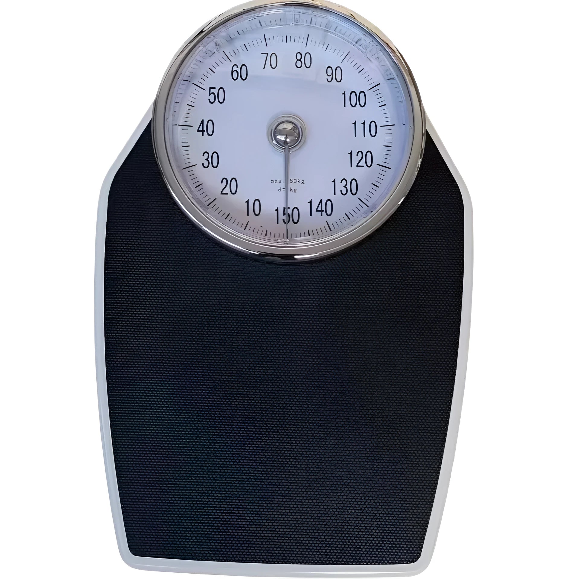 Black mechanical body weight scale with large dial showing weight measurements.