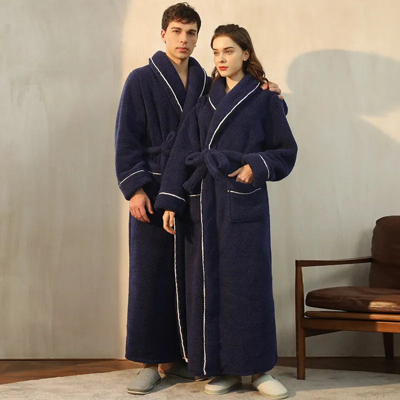 A super thick flannel winter bathrobe for couples shown in navy blue, available in extended sizes M, XL, and XXXL.
