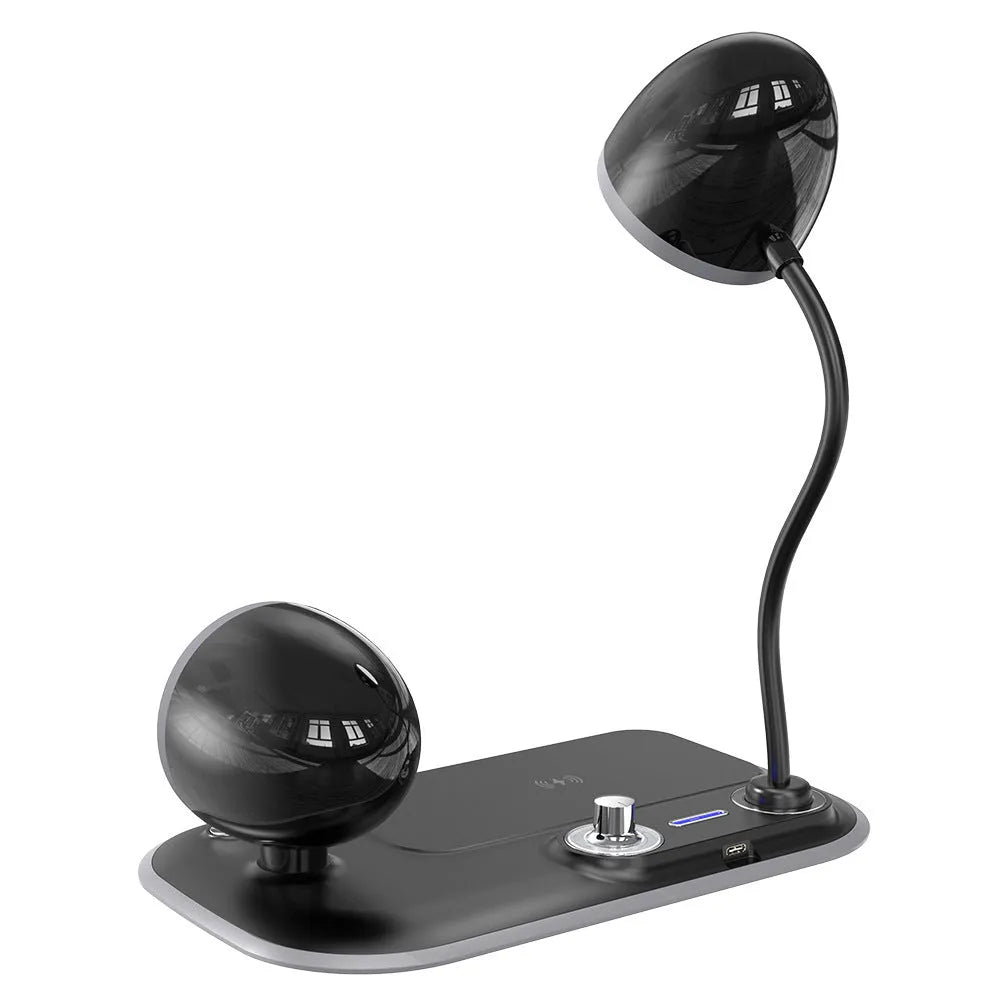 Three-in-one desk lamp with wireless charging pad, digital clock display, and LED lighting in black or white