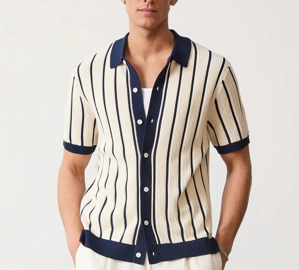 Men's white British style ice silk knitted top with asymmetrical lapel and short sleeves