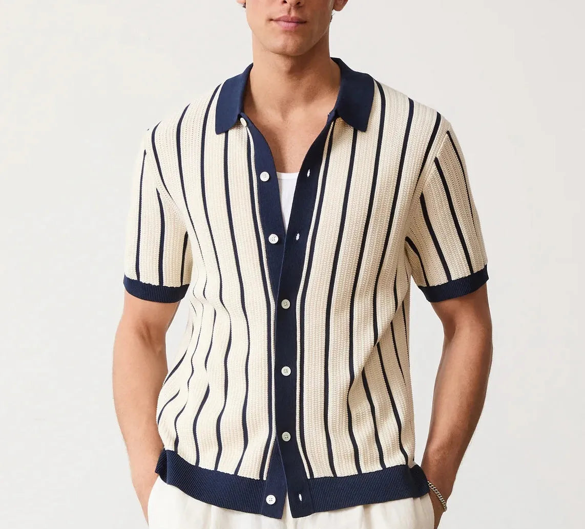 Men's white British style ice silk knitted top with asymmetrical lapel and short sleeves