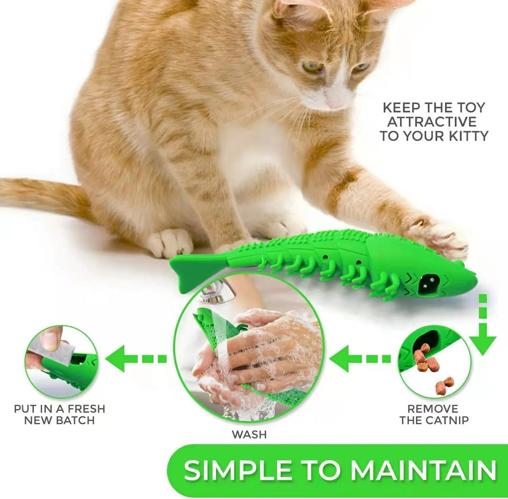 Blue hard rubber cat toy with textured bristles for teeth cleaning and interactive play