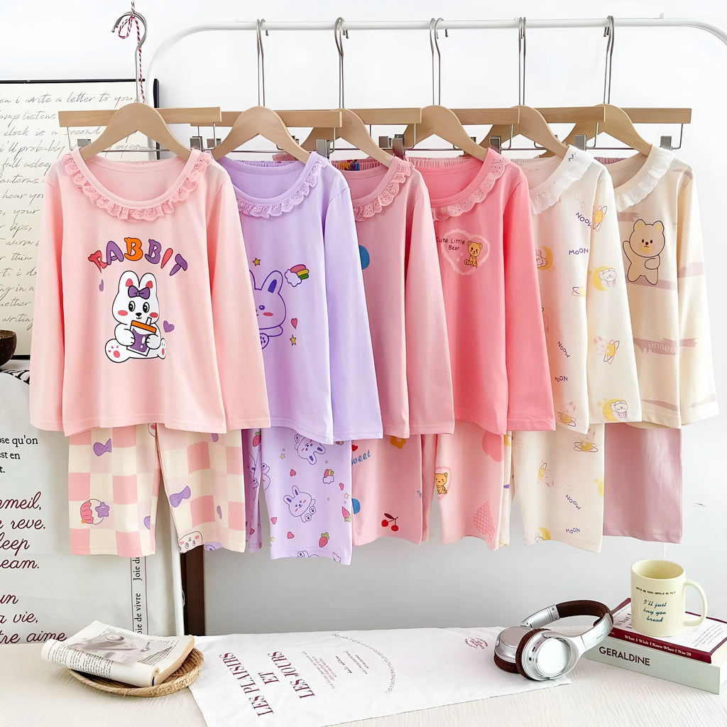 Girls cotton pyjama set with pink cartoon rabbit print, summer homewear, suitable for height 110-170cm