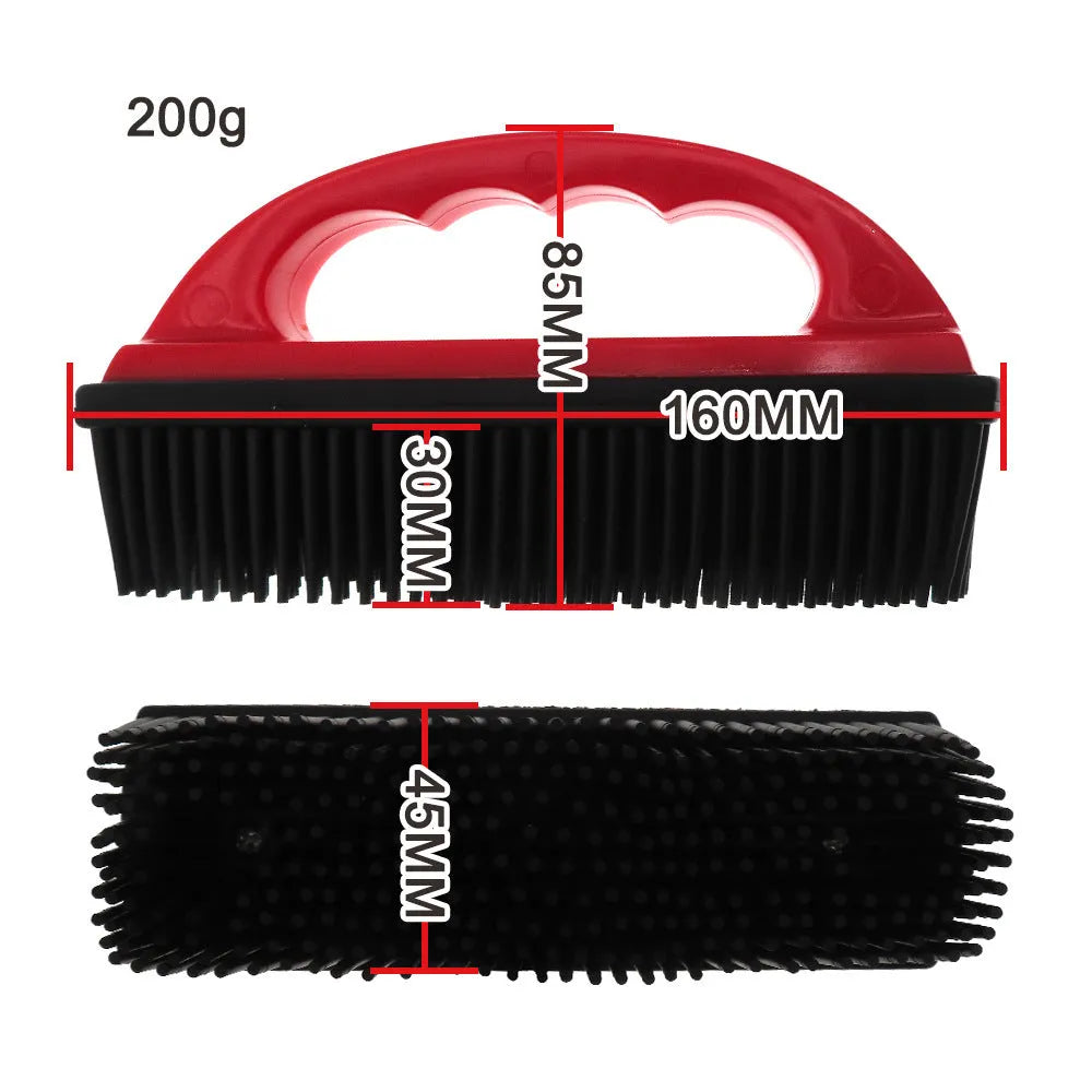 Red pet hair removal brush for bath massage and carpet cleaning measuring 160mm by 85mm