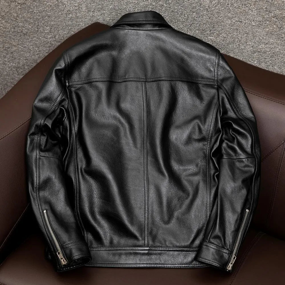 Men's loose fit lapel short leather jacket in retro Kaji style, side seam pockets