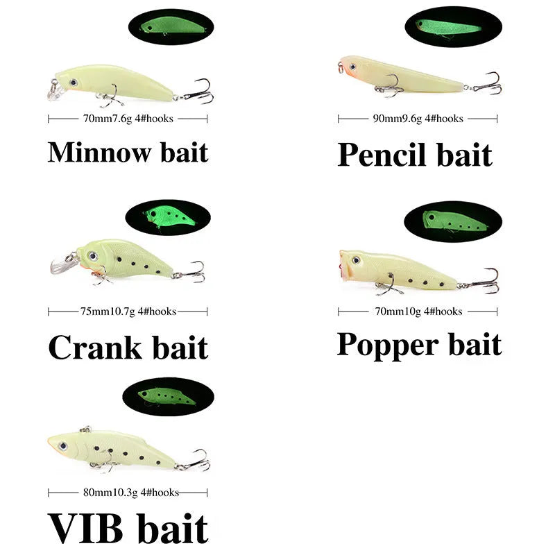 Set of five 3D fluorescent hard fishing baits with luminous coating for underwater use