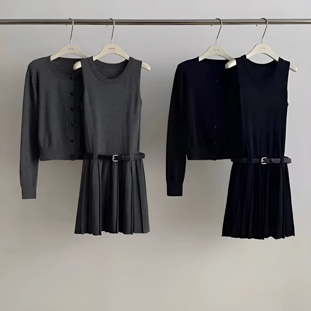 Grey national style women's two-piece set with pleated vest skirt and long-sleeved cardigan