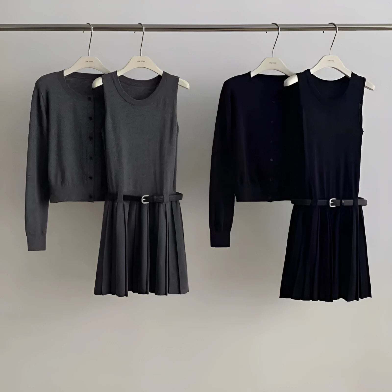 Grey national style women's two-piece set with pleated vest skirt and long-sleeved cardigan