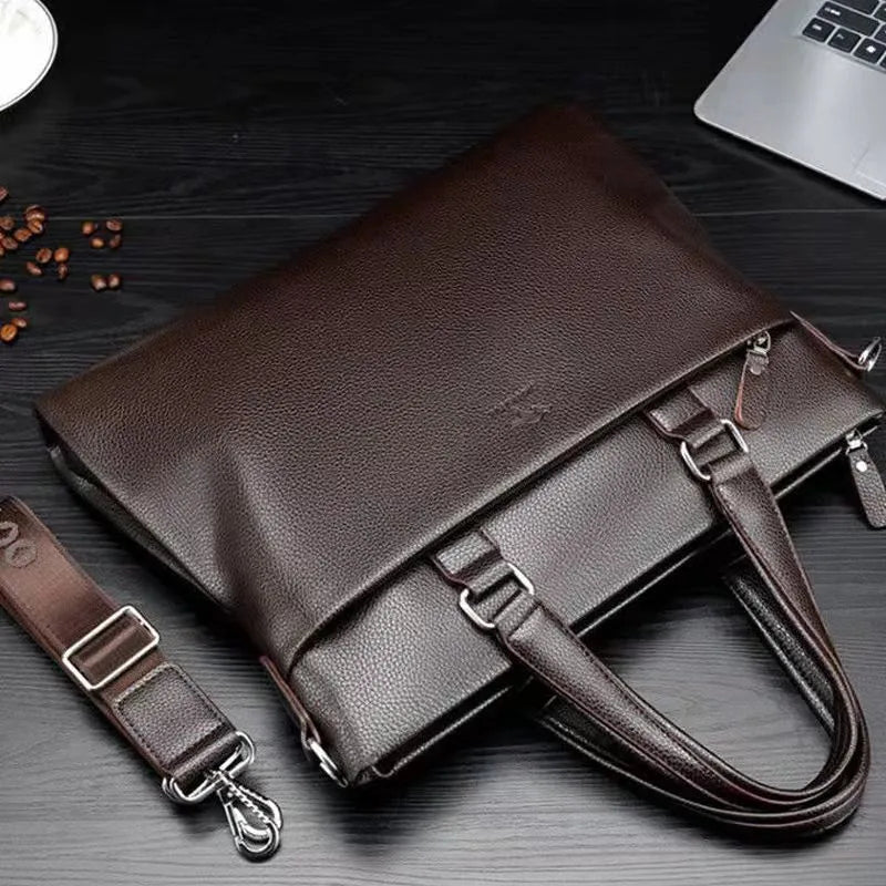 Black and brown PU leather men's messenger crossbody bag with splicing detail.