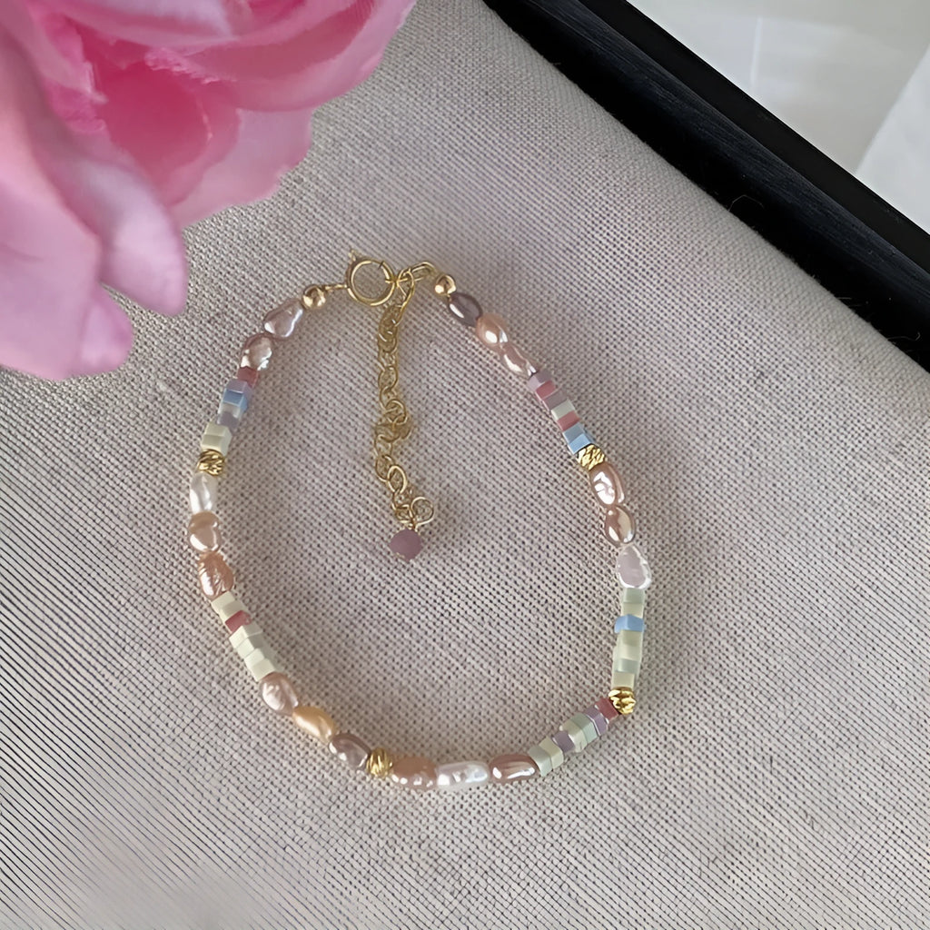 Purple and silver natural pearl bracelet and necklace set with 14K gilded finish