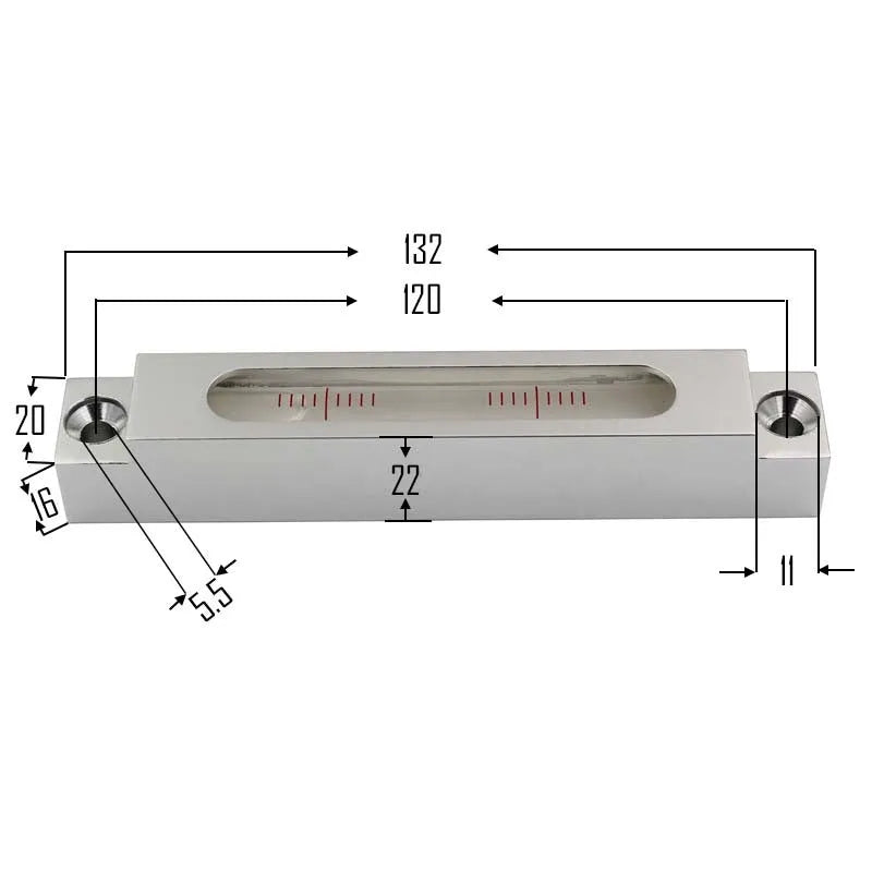 Metal and glass spirit level measuring 132mm with precision accuracy specifications for machine tool work