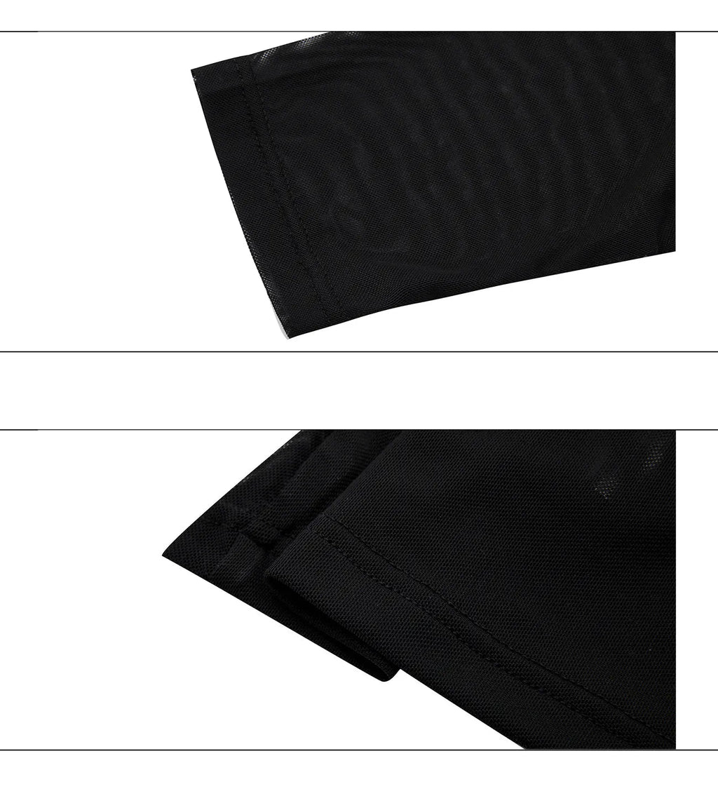 Slim fit long sleeve mesh shirt in black on a hanger, showing its lightweight texture and modern cut.