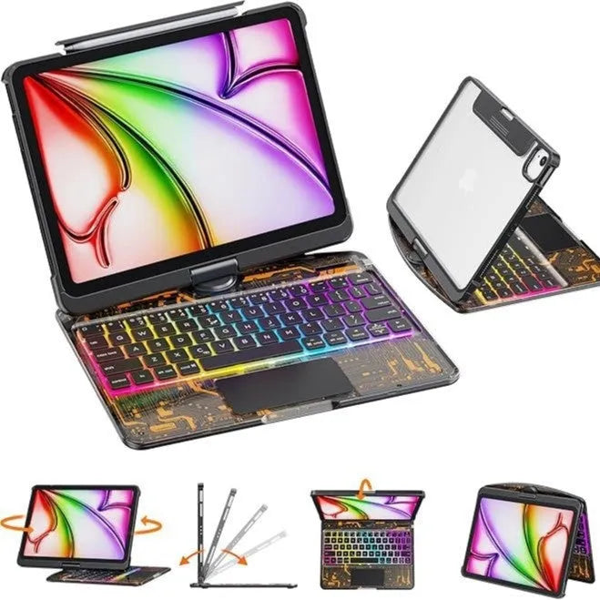 Transparent rotating keyboard protective case for Apple iPad Air 5 with integrated wireless keyboard and stand.