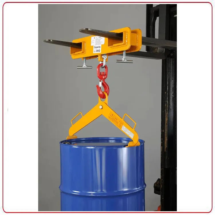 Iron rotatable drum crane locking hook for forklift attachment with safety lock.