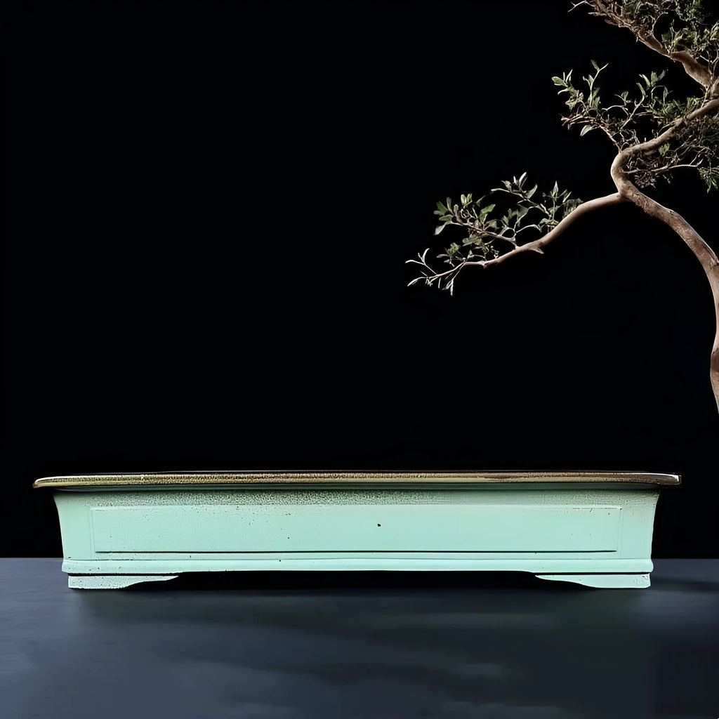 Handmade green crackled glaze ceramic bonsai flower pot with purple sand clay construction
