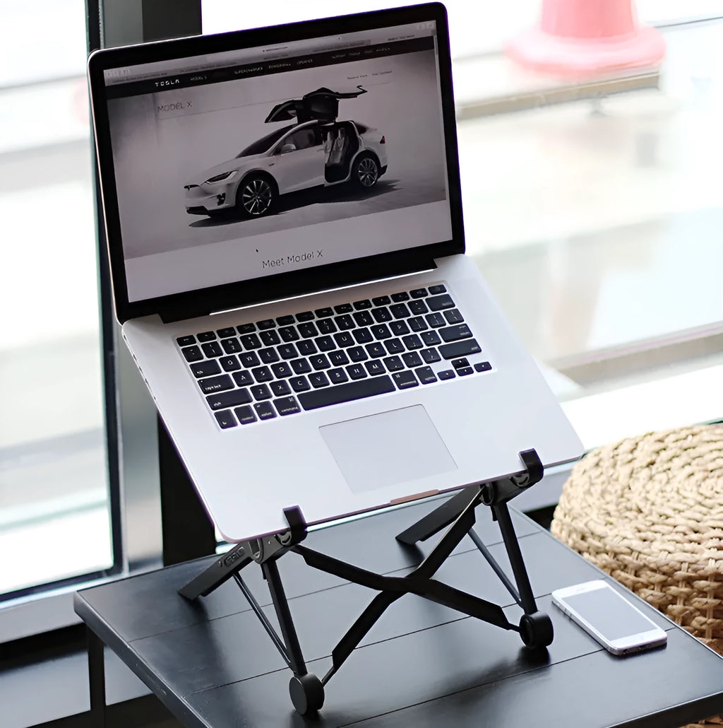 Black folding portable laptop stand made from reinforced nylon, shown in open and closed positions.