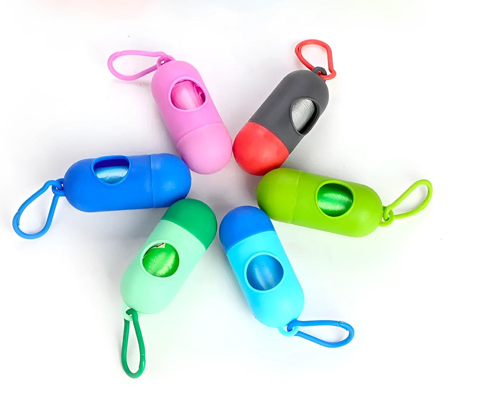 Roll of assorted colour dog waste disposal bags showing size of 22.5 by 30 centimetres.