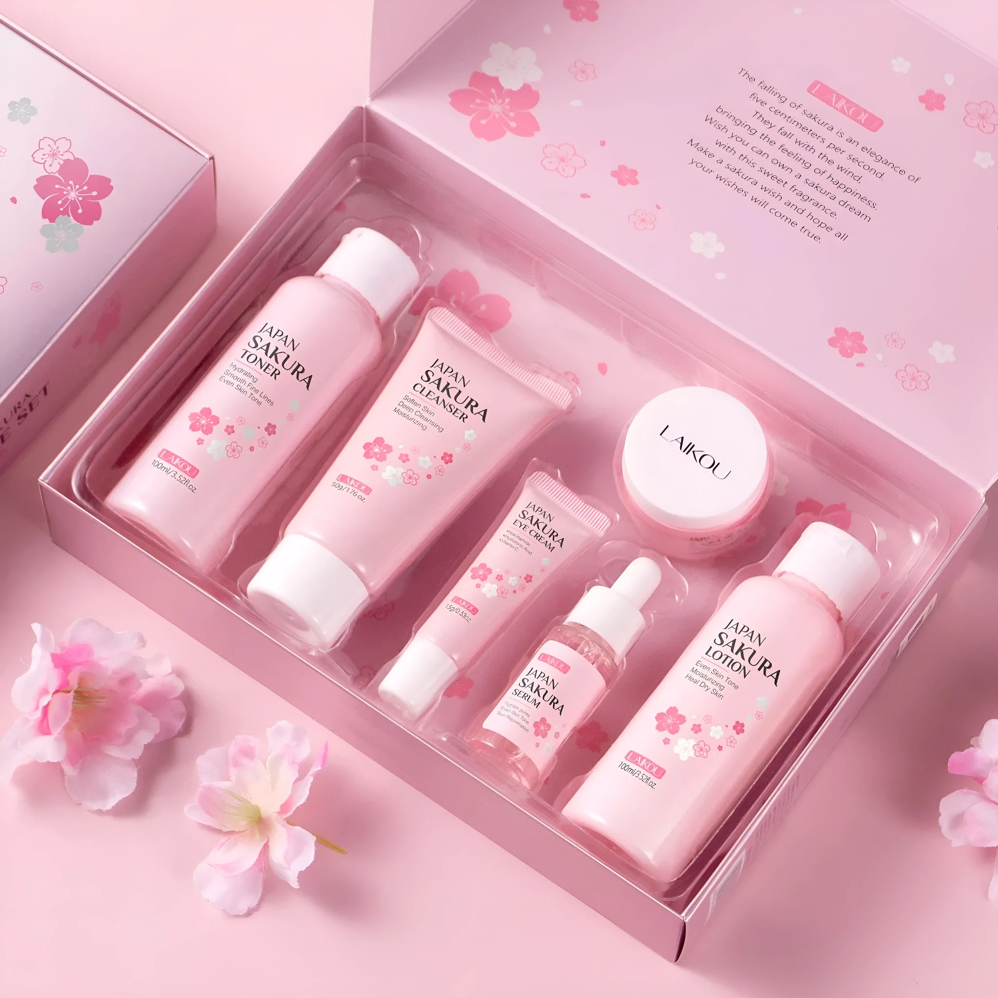 Cherry Blossom 6-piece skin care set with cleanser, toner, cream, essence, eye cream and cream for cleansing and brightening