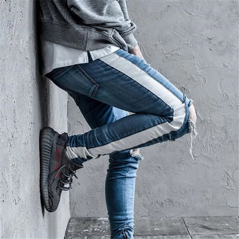 Men's ripped jeans pre-distressed cotton denim skinny fit black colour