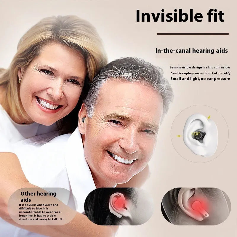 Intelligent noise reduction hearing aid for elderly with touch control and Type-C charging, available in black, white, blue, red, and skin colour