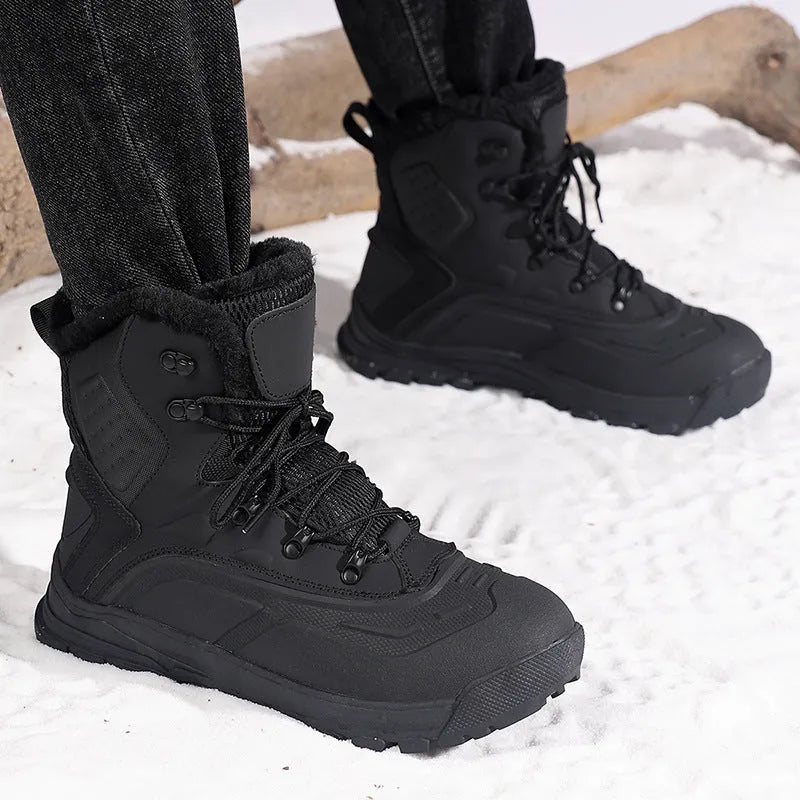 Men's black high-top lace-up boots with fleece lining, shown on a size chart from 39 to 48
