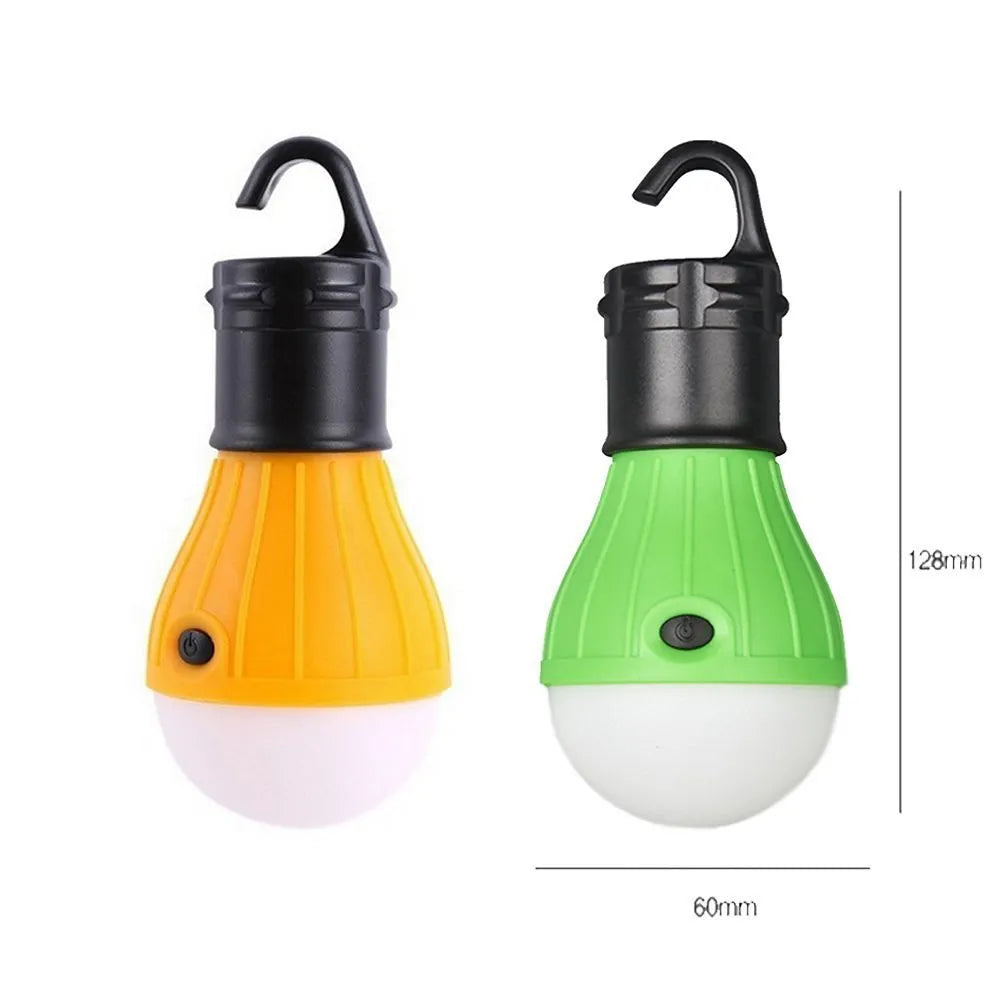 Blue portable LED camping lantern with hanging hook, showing compact size and three light mode buttons.