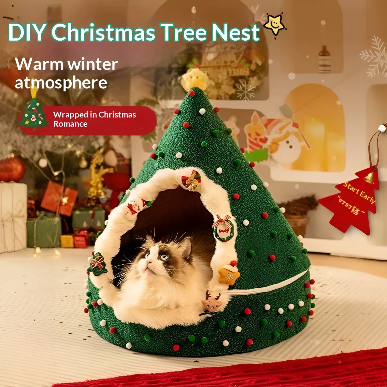 Closed plush Christmas tree cat nest with PP cotton fill, available in multiple sizes
