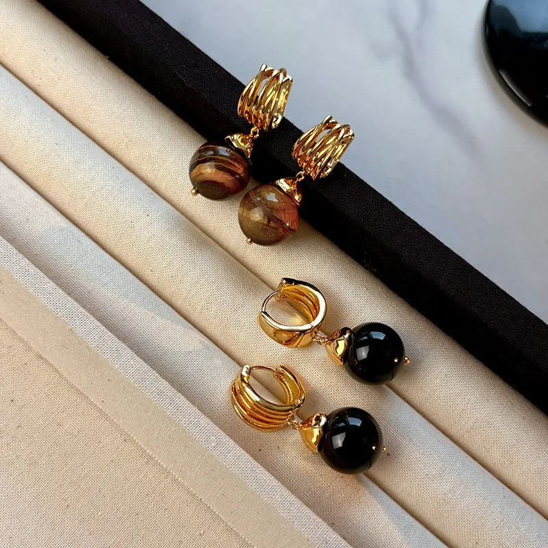 Geometric tigereye earrings with real gold plating in French retro style