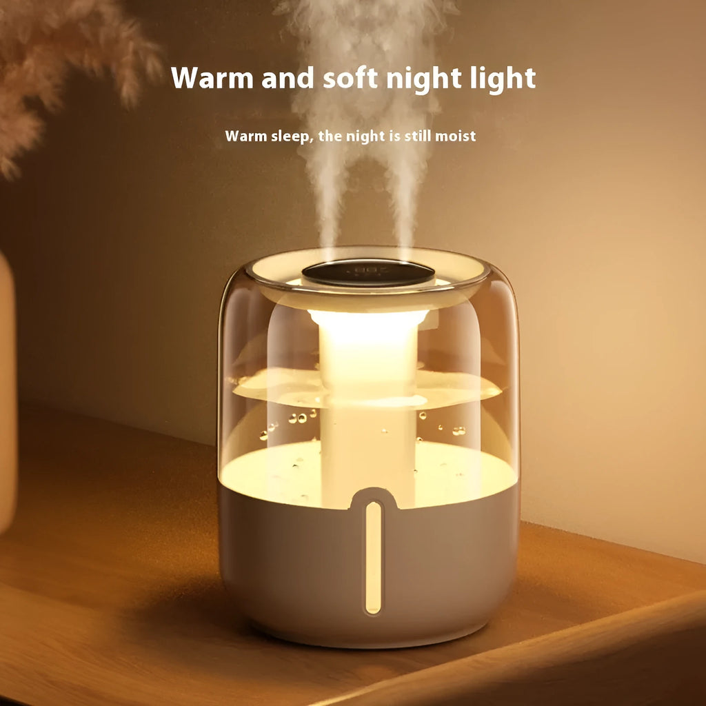 Round beige USB humidifier with dual spray nozzles, display screen, and night light
