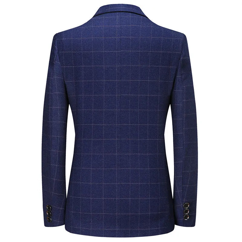 Men's loose fit plaid leisure coat in blue with patch pockets, long sleeves, and straight hem