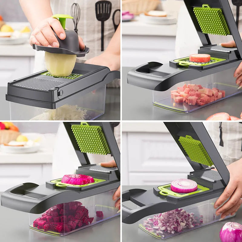 Multifunctional Vegetable Cutter with 7 blades, body in wheat straw material, stainless steel blades, 31.8x11.5x11.5 cm, on kitchen counter