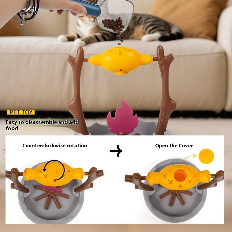 Barbecue-style tumbling cat toy and treat feeder, showing dimensions of 30x30x29cm.