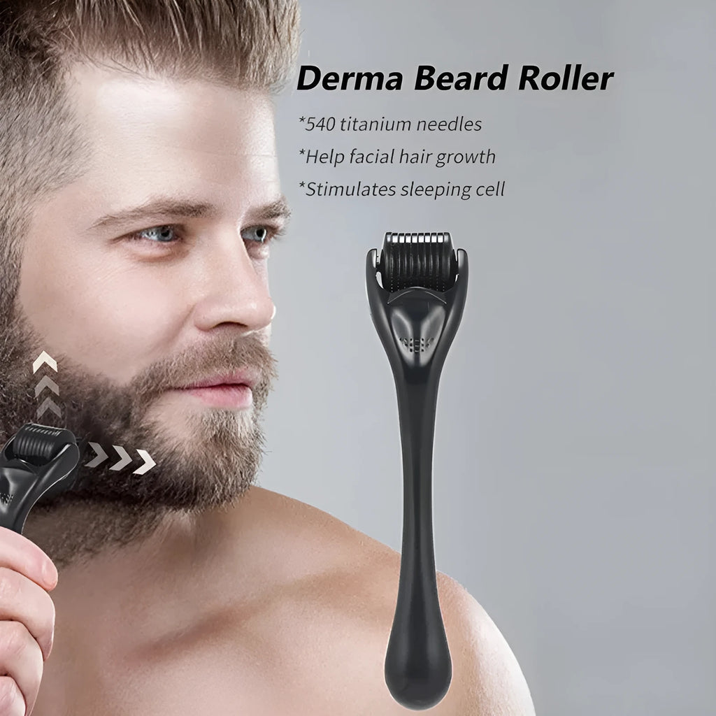 Black derma roller with titanium needles for facial, beard, and scalp microneedling treatments.