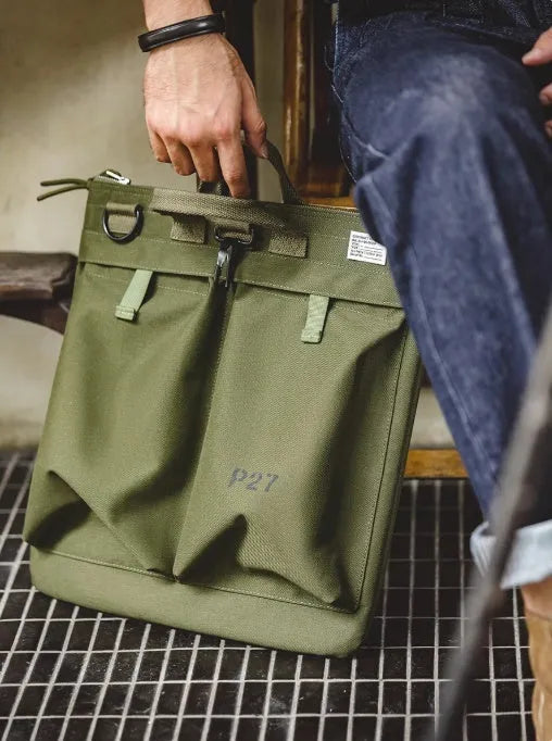 Medium retro canvas crossbody shoulder bag in military green with 15-inch laptop capacity
