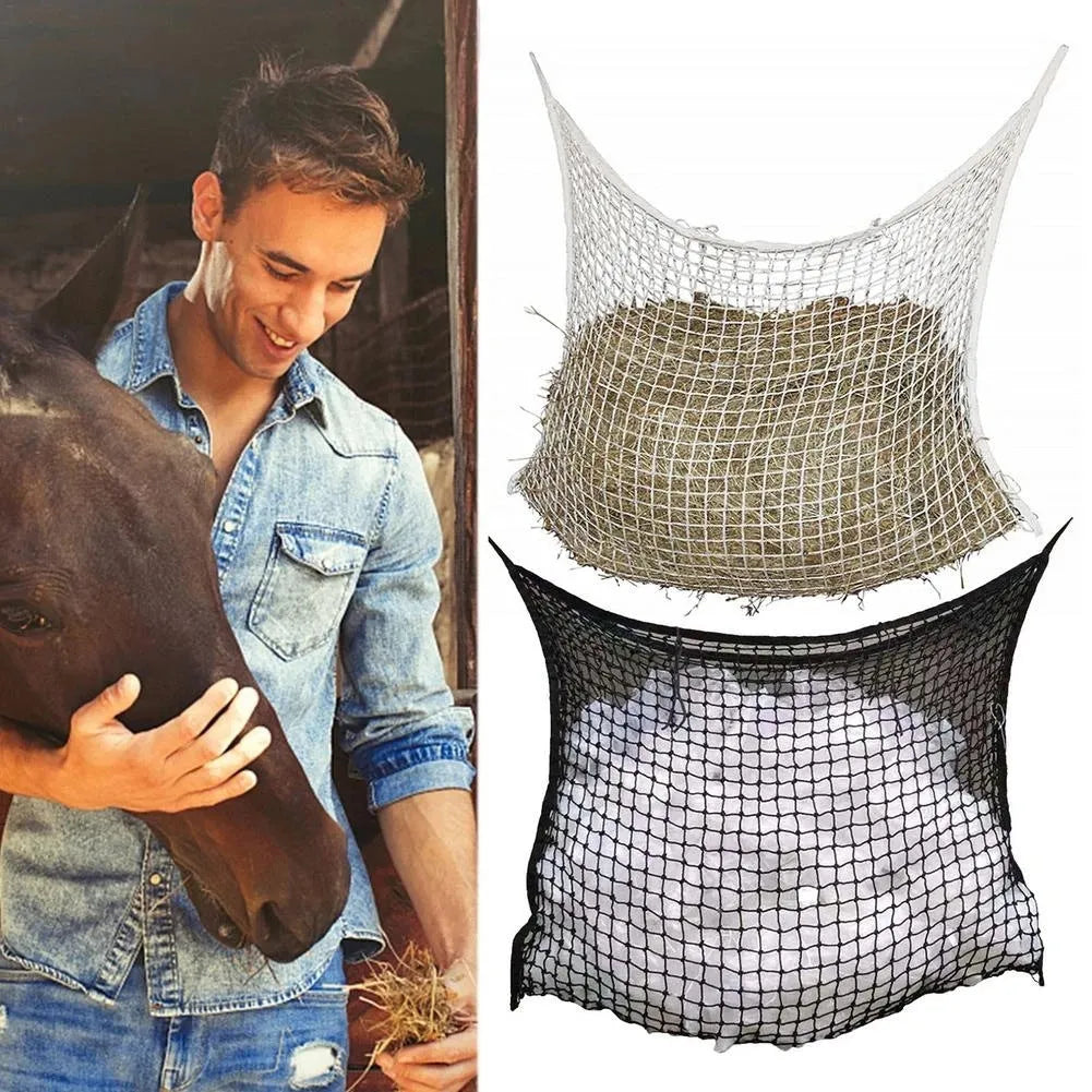 Woven polyethylene rope grid horse feeding bag hanging with black colour option