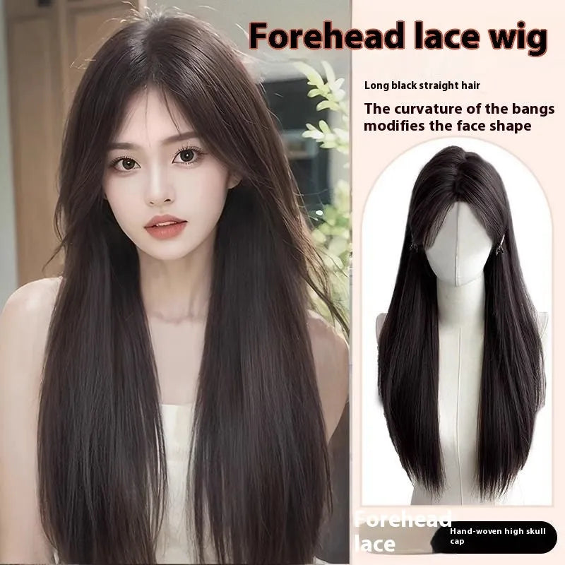 Black long straight full-head synthetic wig with lace front and side bangs.