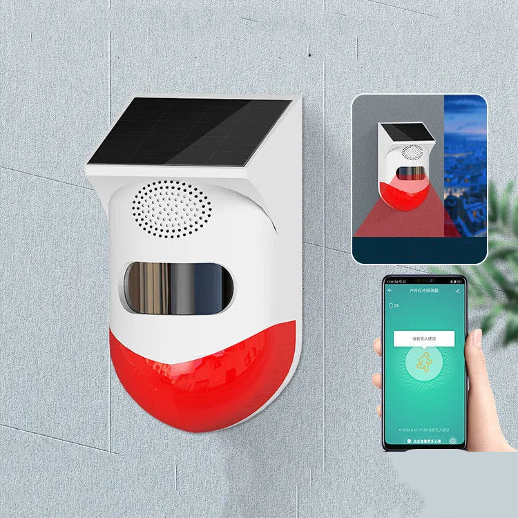 Solar-powered infrared security alarm with remote control for outdoor wall mounting
