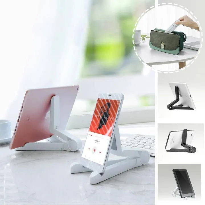 Black foldable tablet holder open in landscape mode holding a smartphone, showing its compact size and non-slip rubber surface.