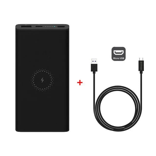 White and black large capacity 10000mAh power bank with USB Type-C port and wireless charging pad.