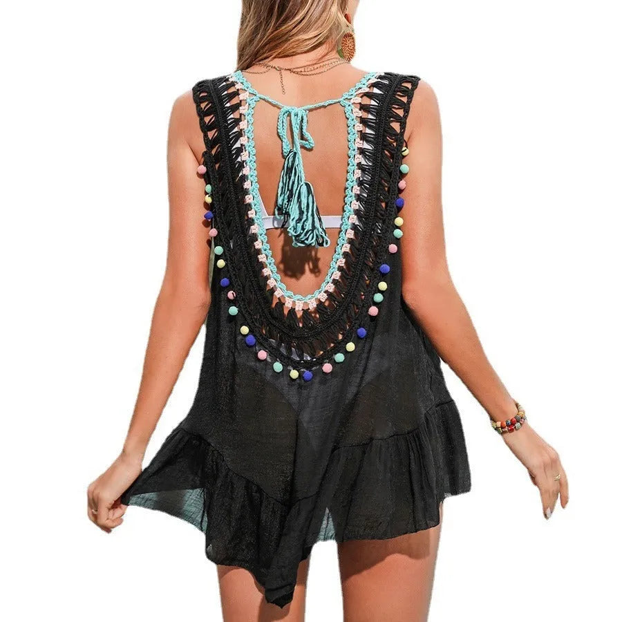 Black acrylic women's crochet beach cover-up vest with cut-out ruffles, free size